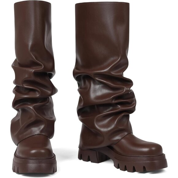 Women's Brown Fold Over Boots Slouchy Boots Wide Calf Pleated Platform Boots - Picture 6 of 7